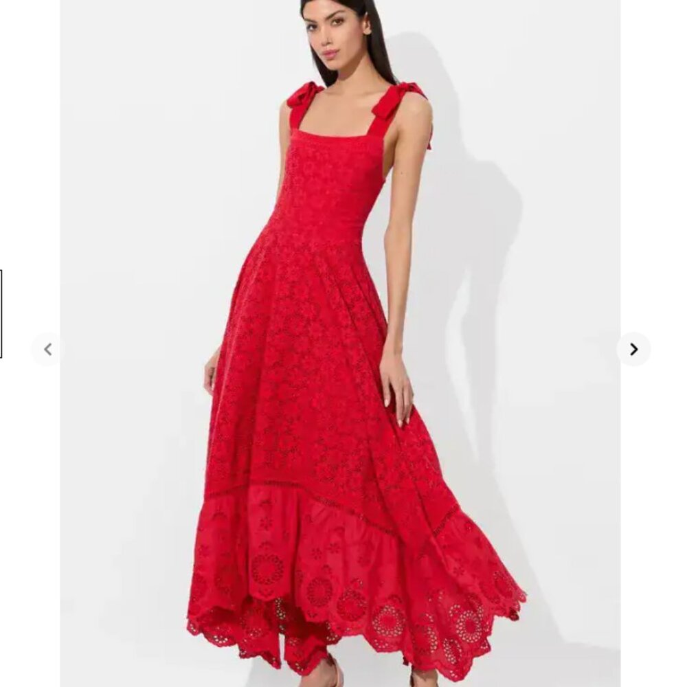 NEW Alice + Olivia Rosalee Eyelet Maxi Dress Tie Strap Red Cotton - Picture 1 of 15